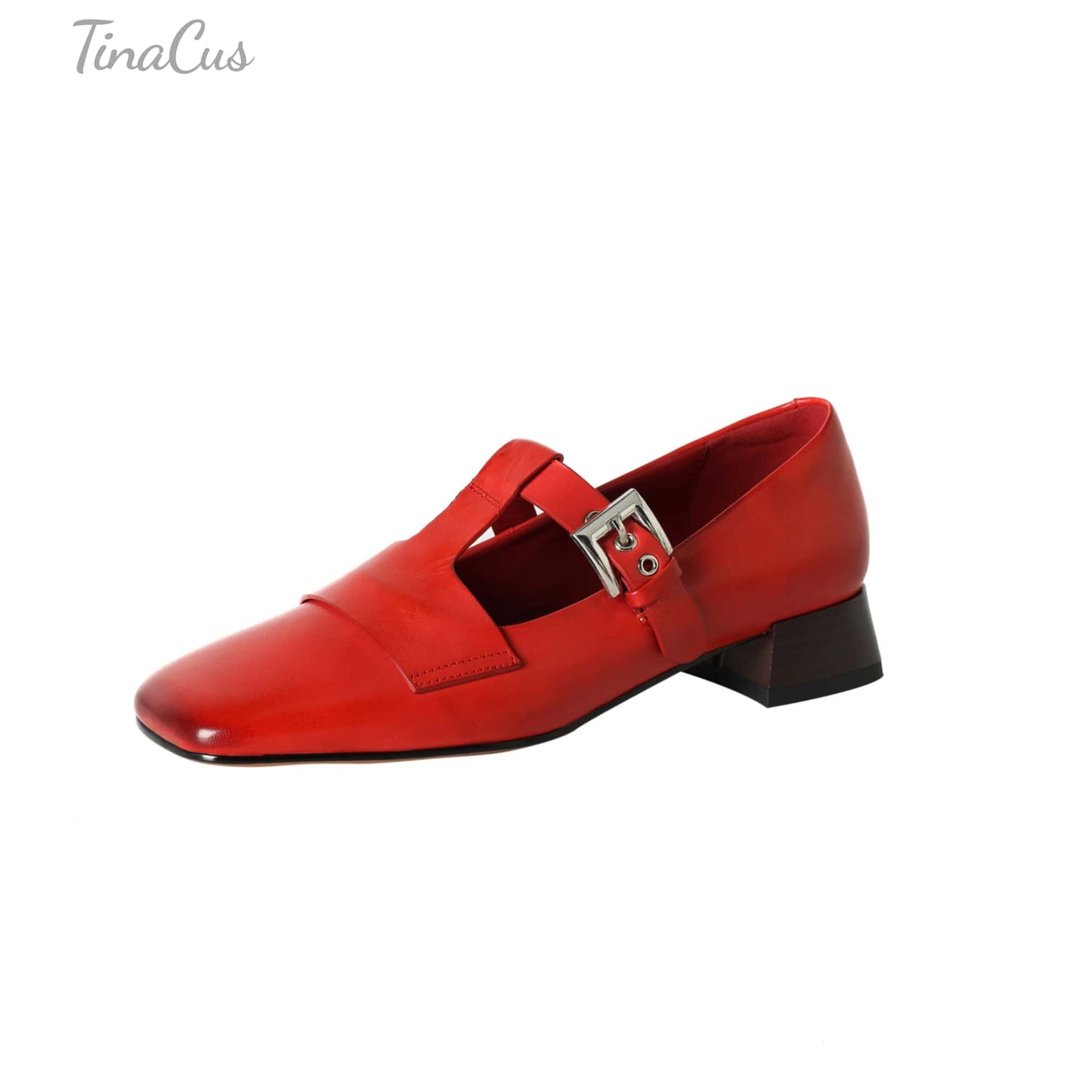 TinaCus Women's Genuine Leather Mary Jane Shoes Handmade Square Toe T-Strap Buckle Loafers