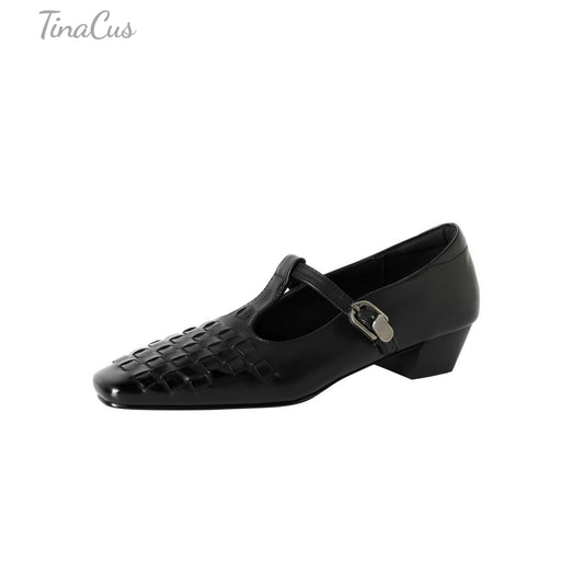 TinaCus Women's Genuine Leather T-bar Strap Loafers Handmade Square Toe Dress Mary Jane Shoes
