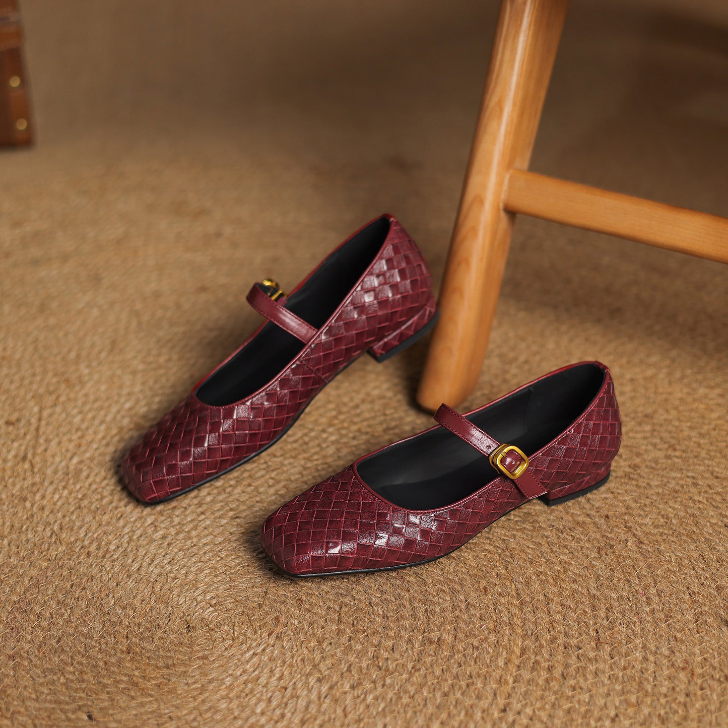TinaCus Handmade Women's Genuine Leather Weave Buckle Square Toe Mary Jane Flats