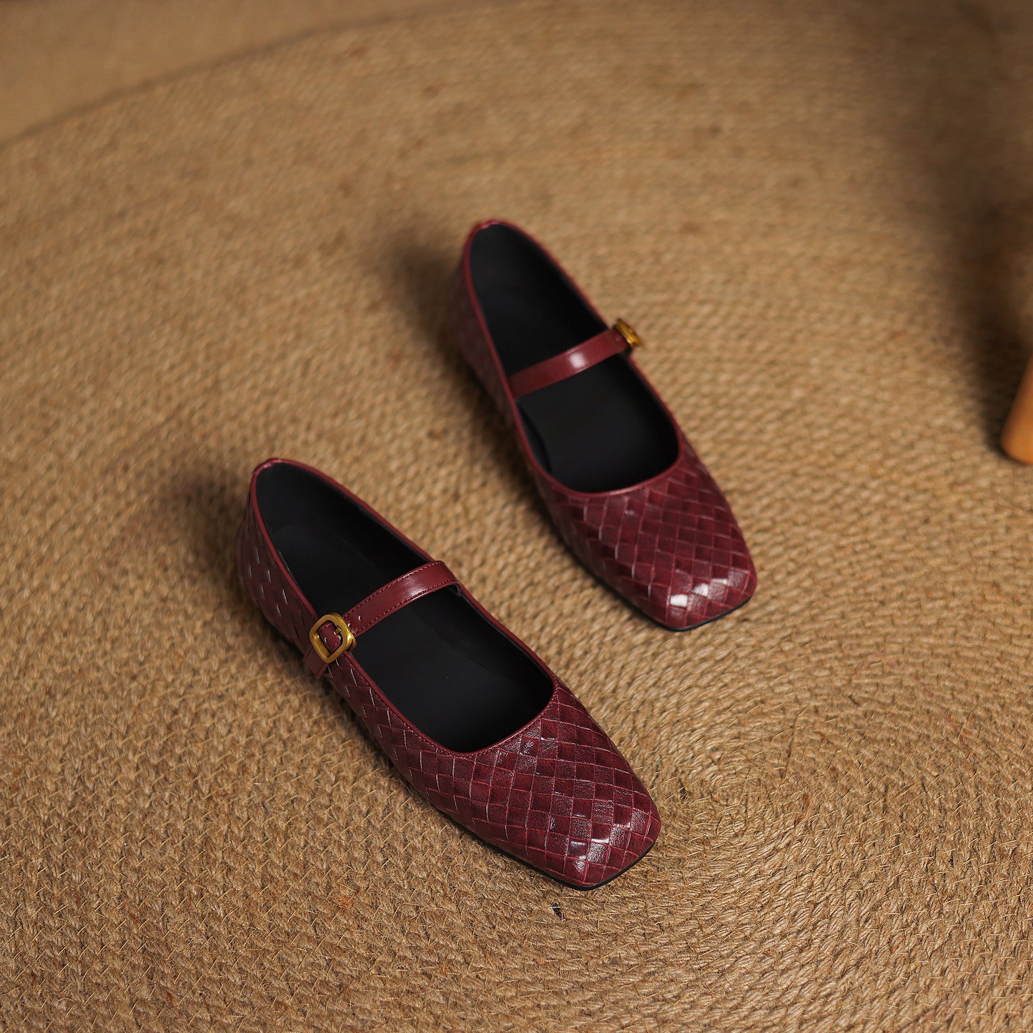TinaCus Handmade Women's Genuine Leather Weave Buckle Square Toe Mary Jane Flats