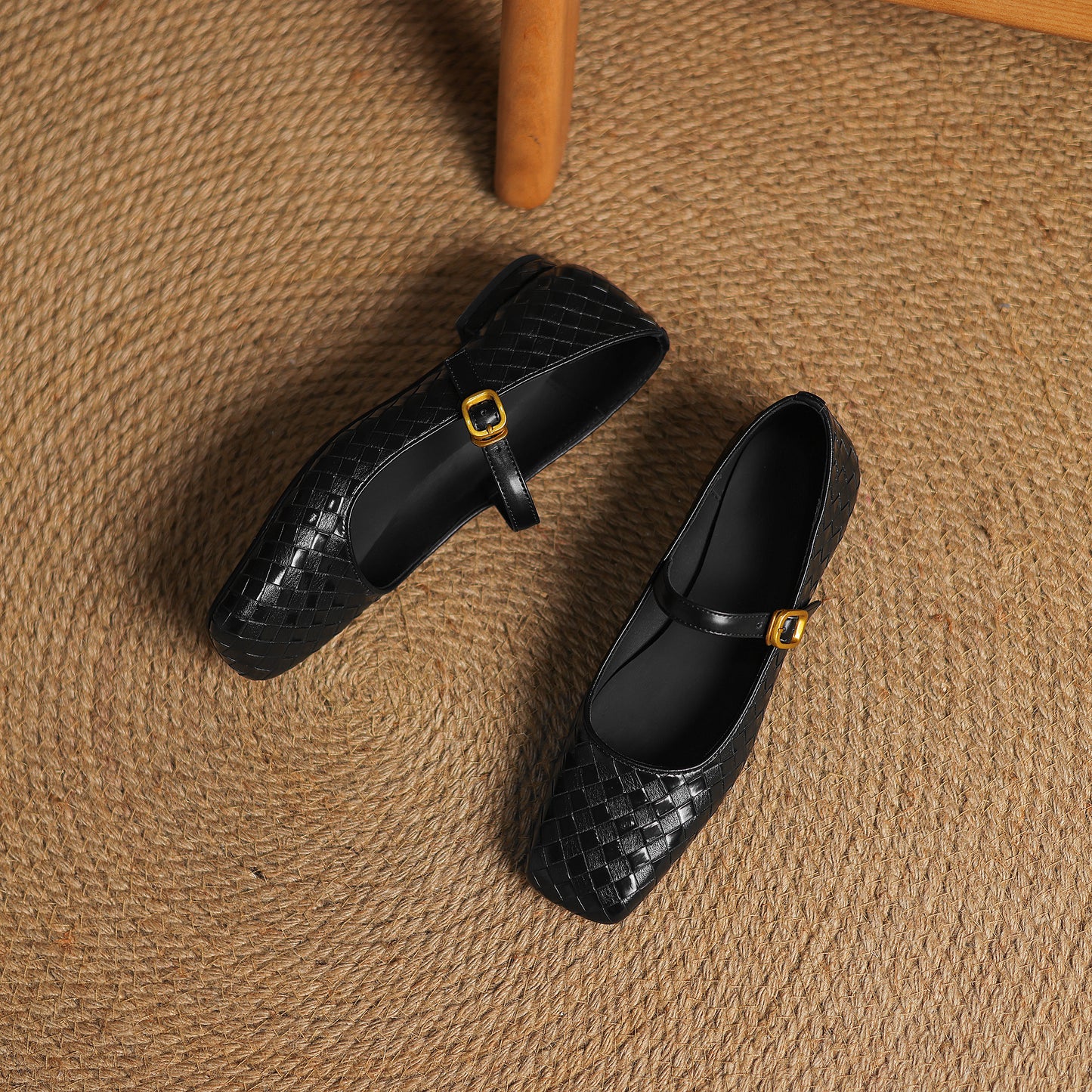 TinaCus Handmade Women's Genuine Leather Weave Buckle Square Toe Mary Jane Flats