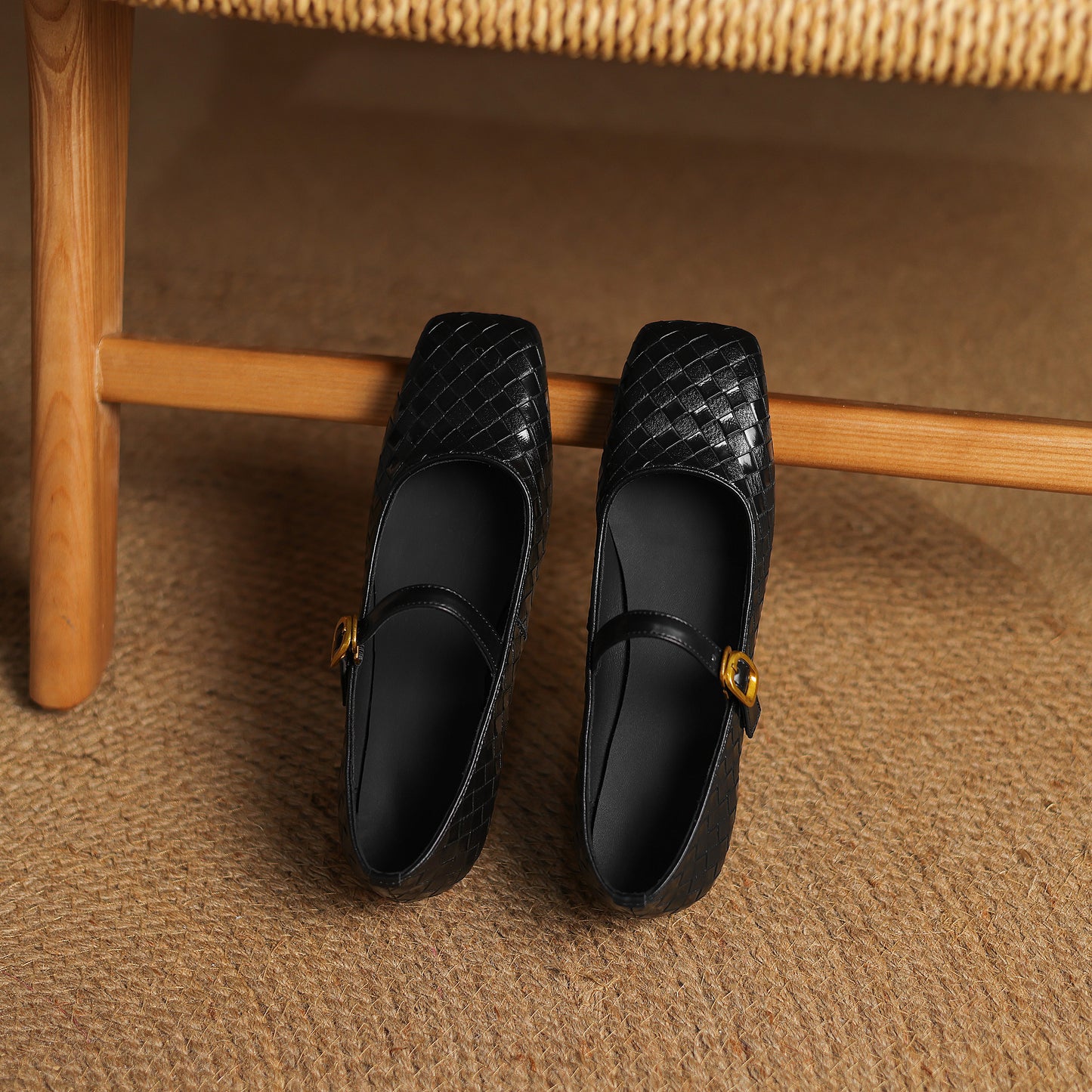 TinaCus Handmade Women's Genuine Leather Weave Buckle Square Toe Mary Jane Flats