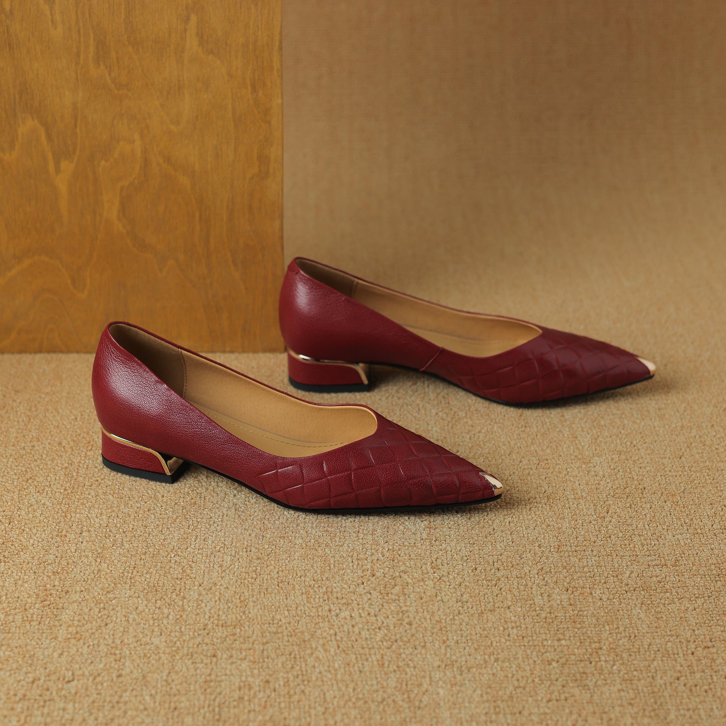 TinaCus Women's Genuine Leather Embossed Pointed Toe Slip-on Chunky Heel Pumps Shoes