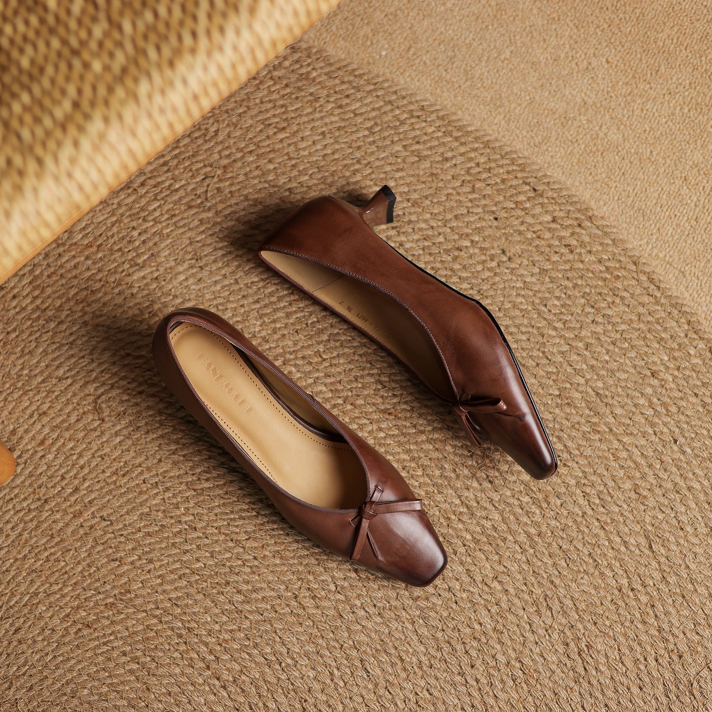 TinaCus Handmade Women's Genuine Leather Square Toe Slip On Low Kitten Heel Pumps with Bowknot