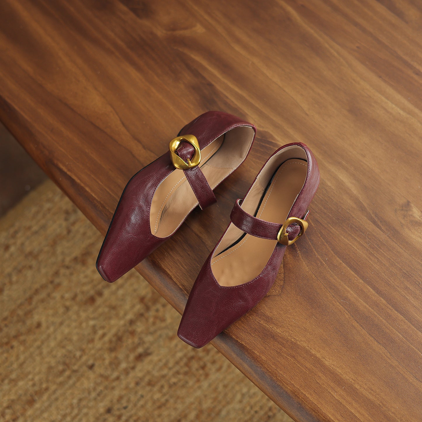 TinaCus Handmade Women's Genuine Leather Square Toe Metal Buckle Mary Jane Ballet Flats