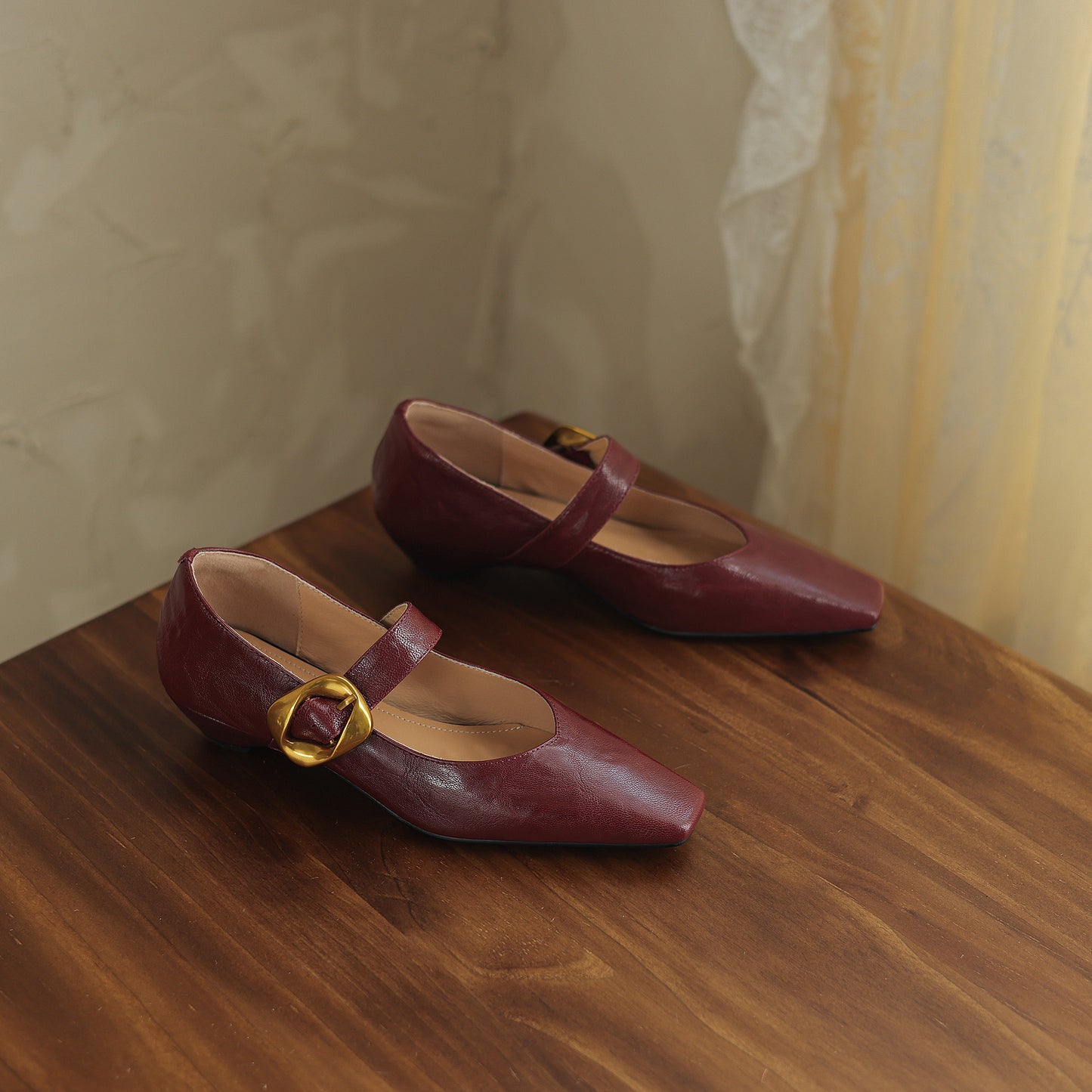 TinaCus Handmade Women's Genuine Leather Square Toe Metal Buckle Mary Jane Ballet Flats