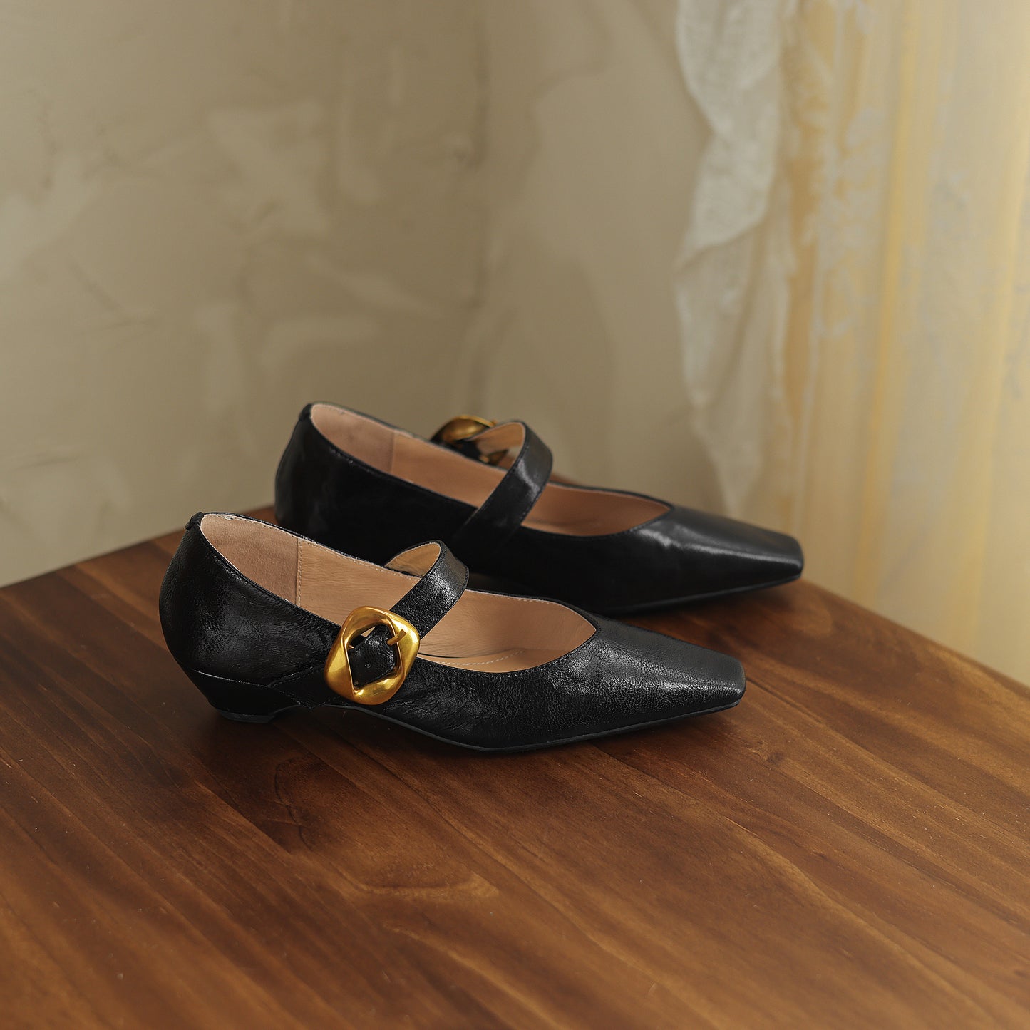 TinaCus Handmade Women's Genuine Leather Square Toe Metal Buckle Mary Jane Ballet Flats