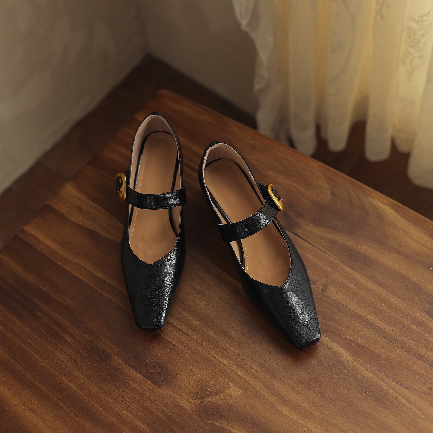 TinaCus Handmade Women's Genuine Leather Square Toe Metal Buckle Mary Jane Ballet Flats