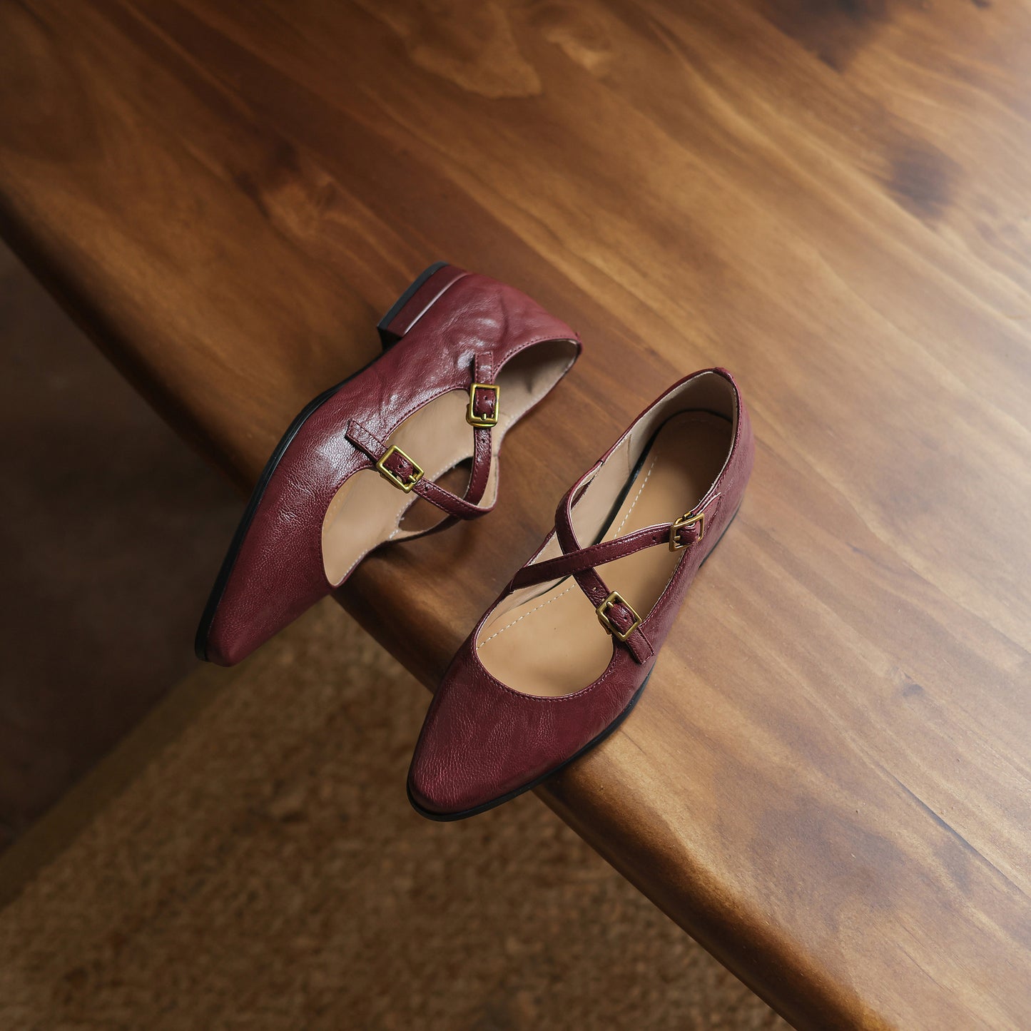 TinaCus Handmade Women's Genuine Leather Round Toe Metal Crossover Buckle Classic Mary Jane Flats