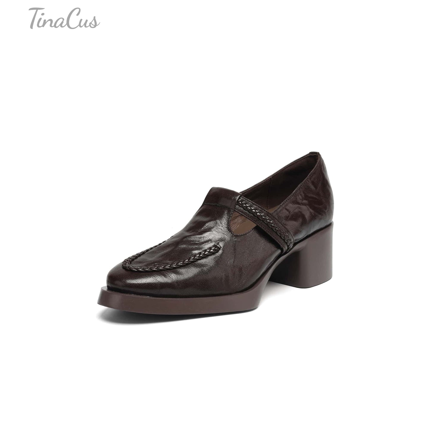 TinaCus Handmade Women's Genuine Leather Round Toe Braided T-Strap Stacked Heel Pump Shoes