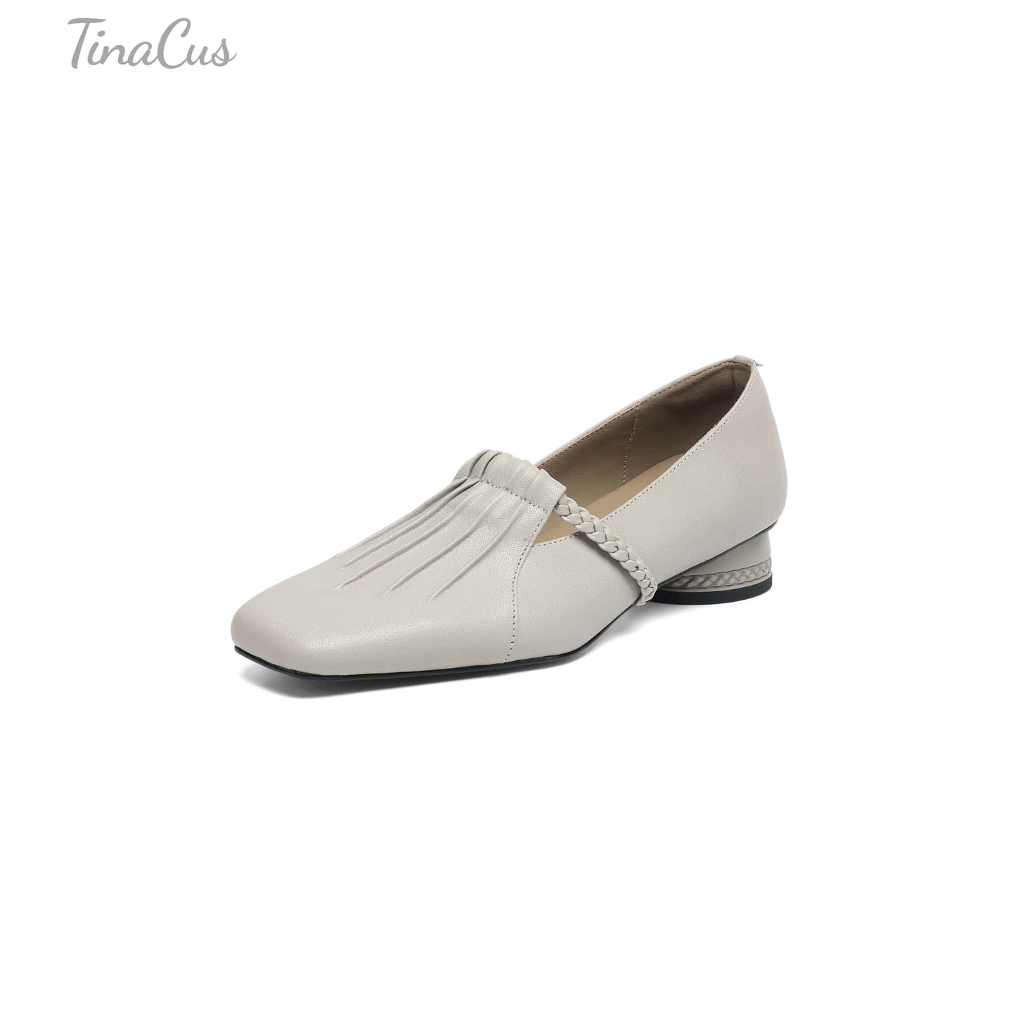 TinaCus Handmade Women's Genuine Leather Square Toe Braided T-Strap Ruched Casual Pump Shoes