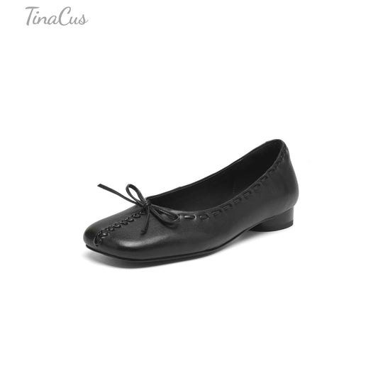 TinaCus Handmade Women's Genuine Leather Square Toe Stitching Office Dress Ballet Flats Shoes with Bowknot