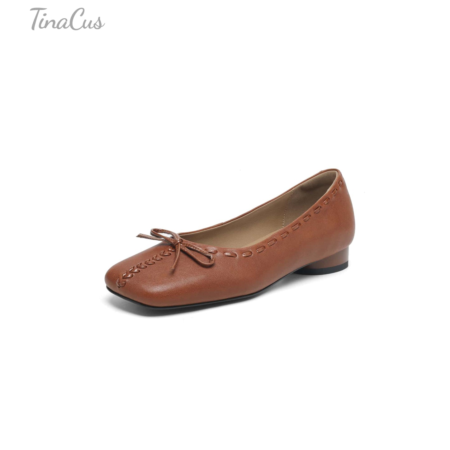 TinaCus Handmade Women's Genuine Leather Square Toe Stitching Office Dress Ballet Flats Shoes with Bowknot