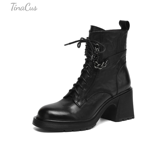 TinaCus Genuine Leather Women's Combat Boots Round Toe Handmade Chunky Heels Lace/Zip up Booties