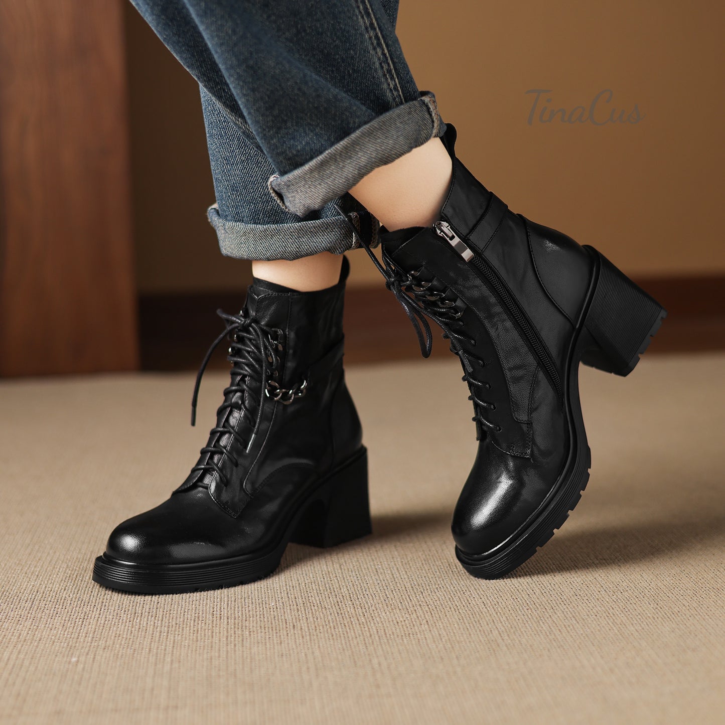TinaCus Genuine Leather Women's Combat Boots Round Toe Handmade Chunky Heels Lace/Zip up Booties