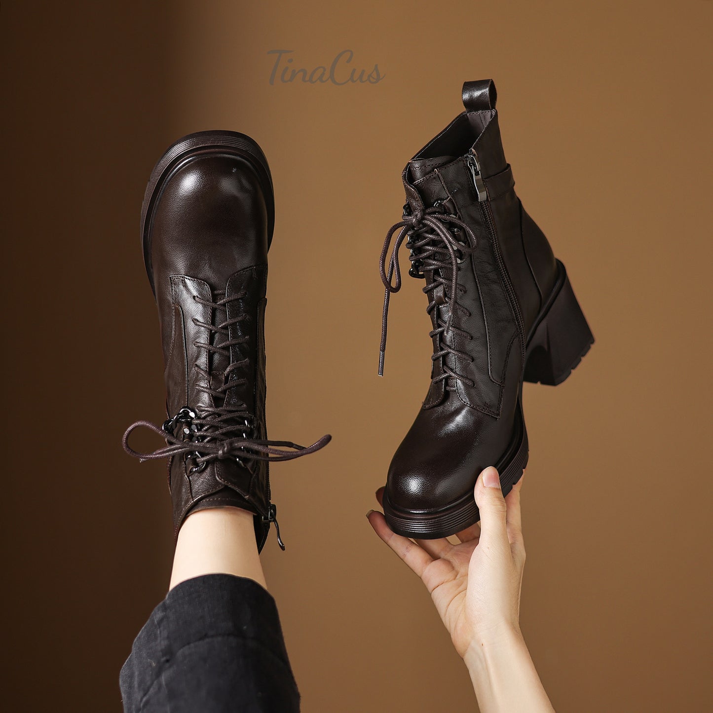 TinaCus Genuine Leather Women's Combat Boots Round Toe Handmade Chunky Heels Lace/Zip up Booties