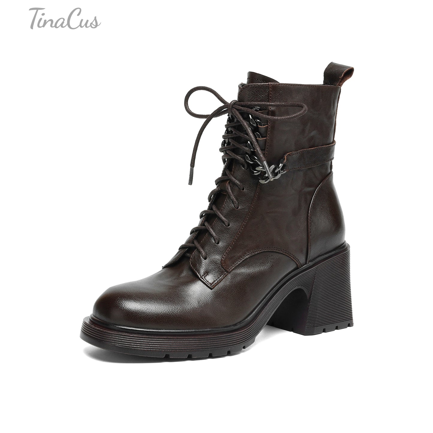 TinaCus Genuine Leather Women's Combat Boots Round Toe Handmade Chunky Heels Lace/Zip up Booties
