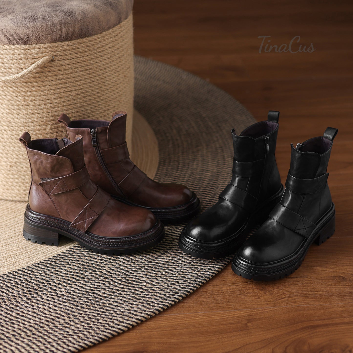 TinaCus Women's Platform Chic Ankle Boots Genuine Leather Handmade Round Toe Zip up Booties