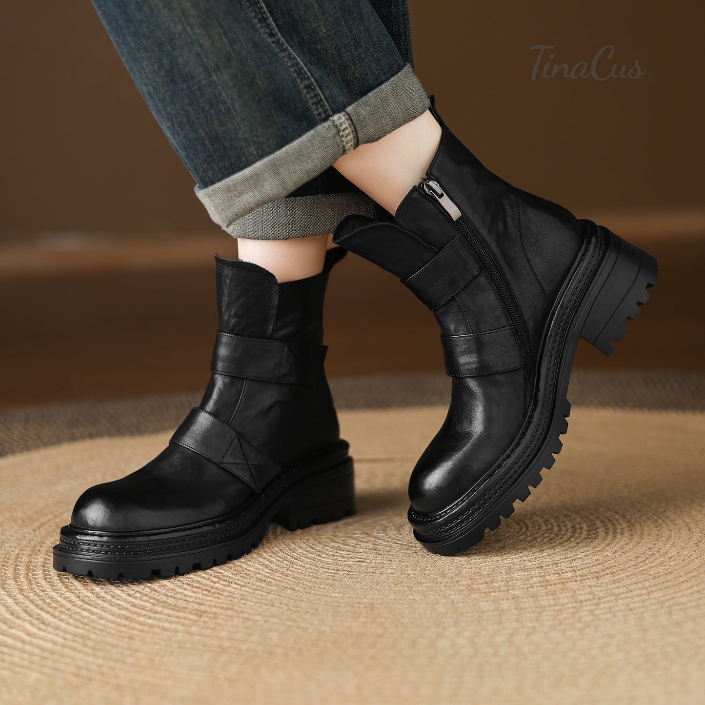 TinaCus Women's Platform Chic Ankle Boots Genuine Leather Handmade Round Toe Zip up Booties