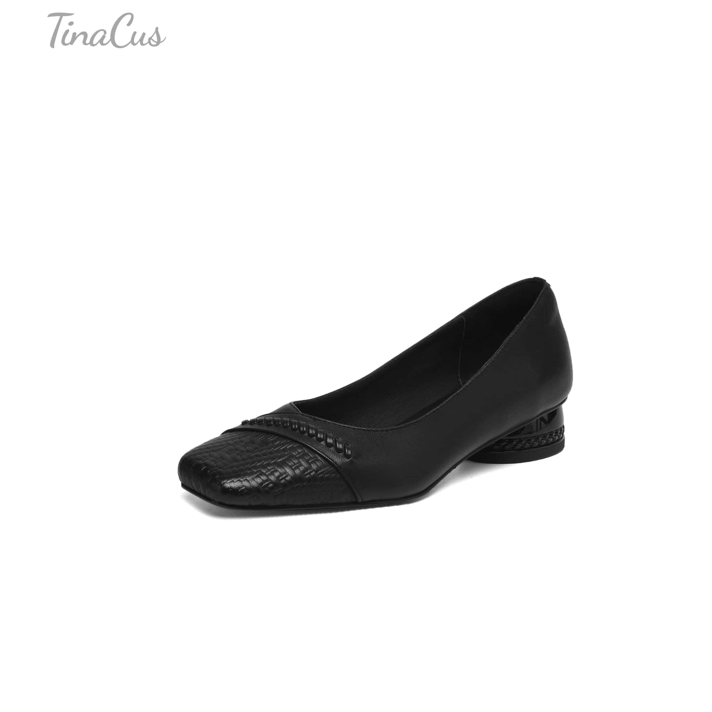 TinaCus Handmade Women's Genuine Leather Square Toe Stitching Chunky Heel Ballet Pump Shoes