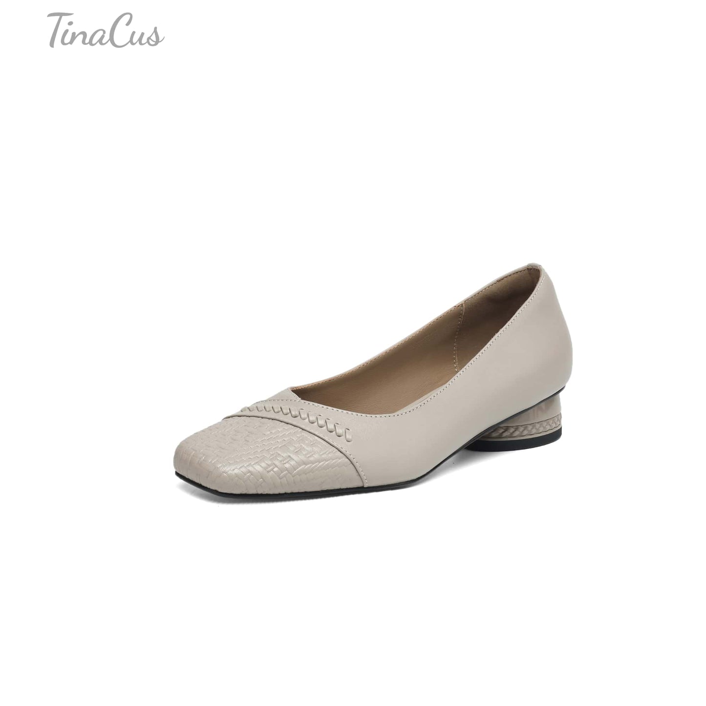 TinaCus Handmade Women's Genuine Leather Square Toe Stitching Chunky Heel Ballet Pump Shoes