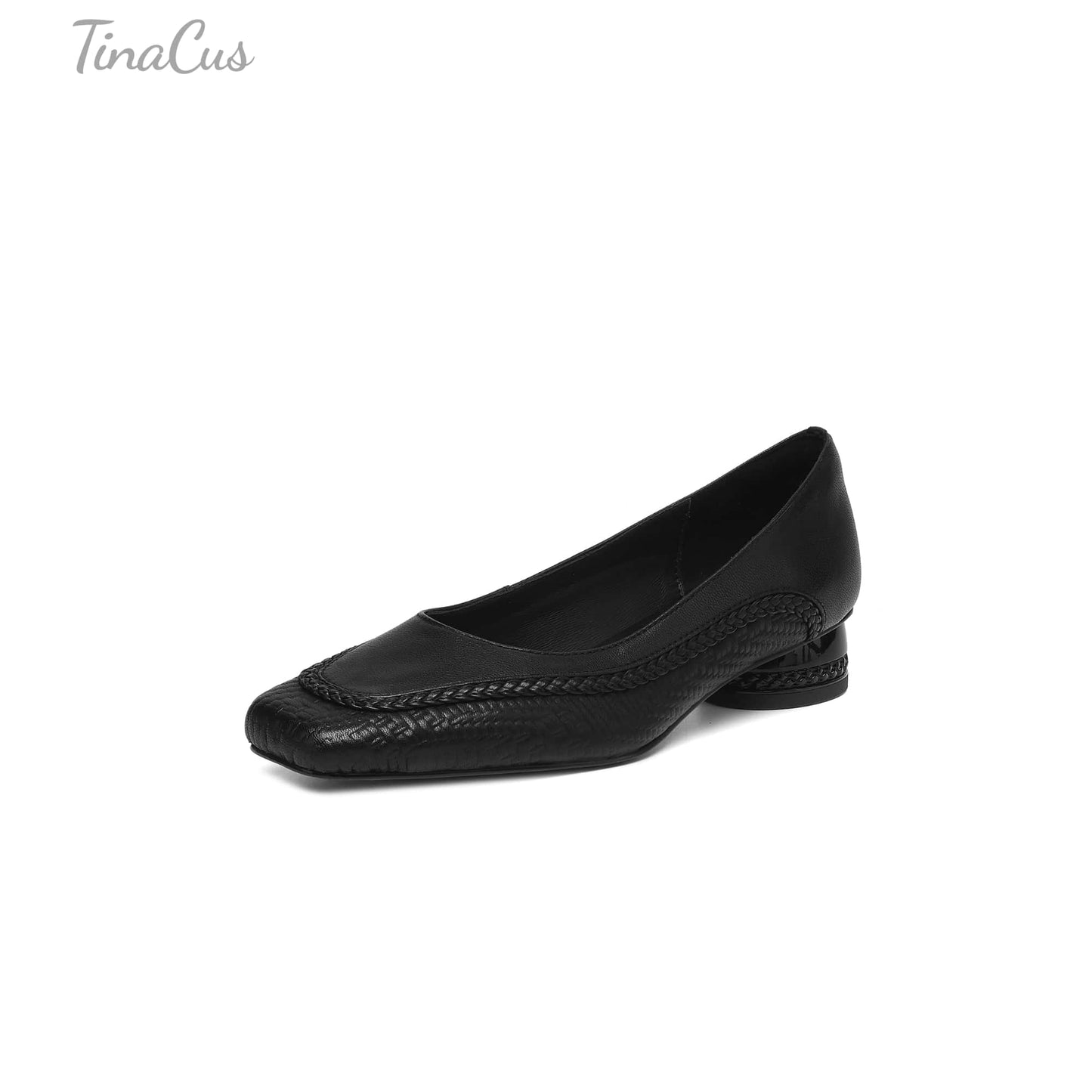 TinaCus Handmade Women's Genuine Leather Square Toe Braided Chunky Heel Slip On Pump Shoes
