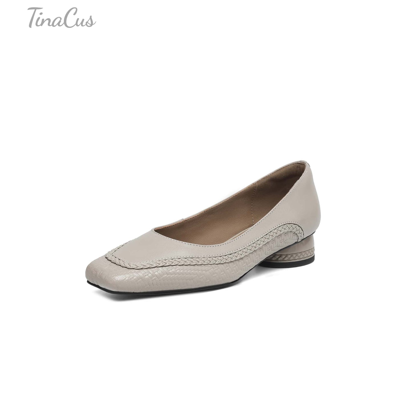 TinaCus Handmade Women's Genuine Leather Square Toe Braided Chunky Heel Slip On Pump Shoes