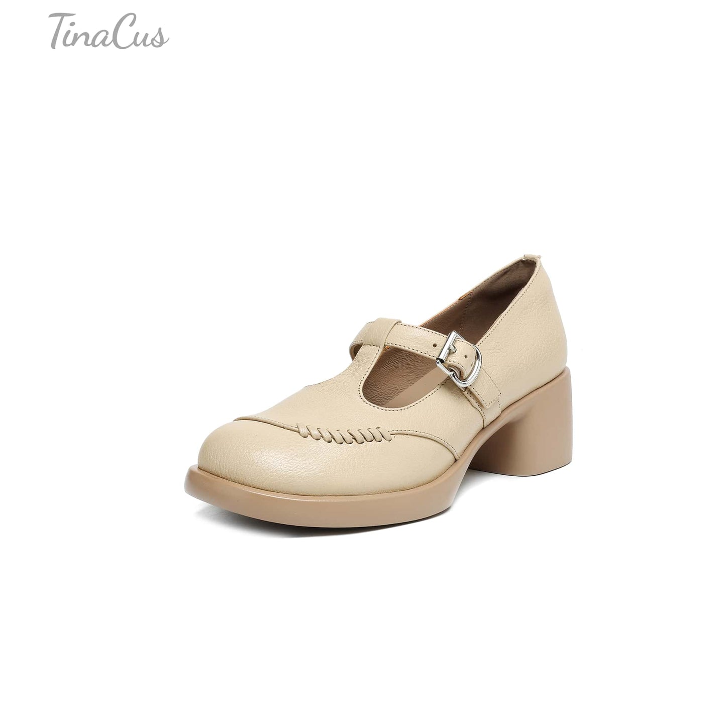 TinaCus Handmade Women's Genuine Leather Round Toe T-Strap Buckle Platform Casual Mary Jane Shoes