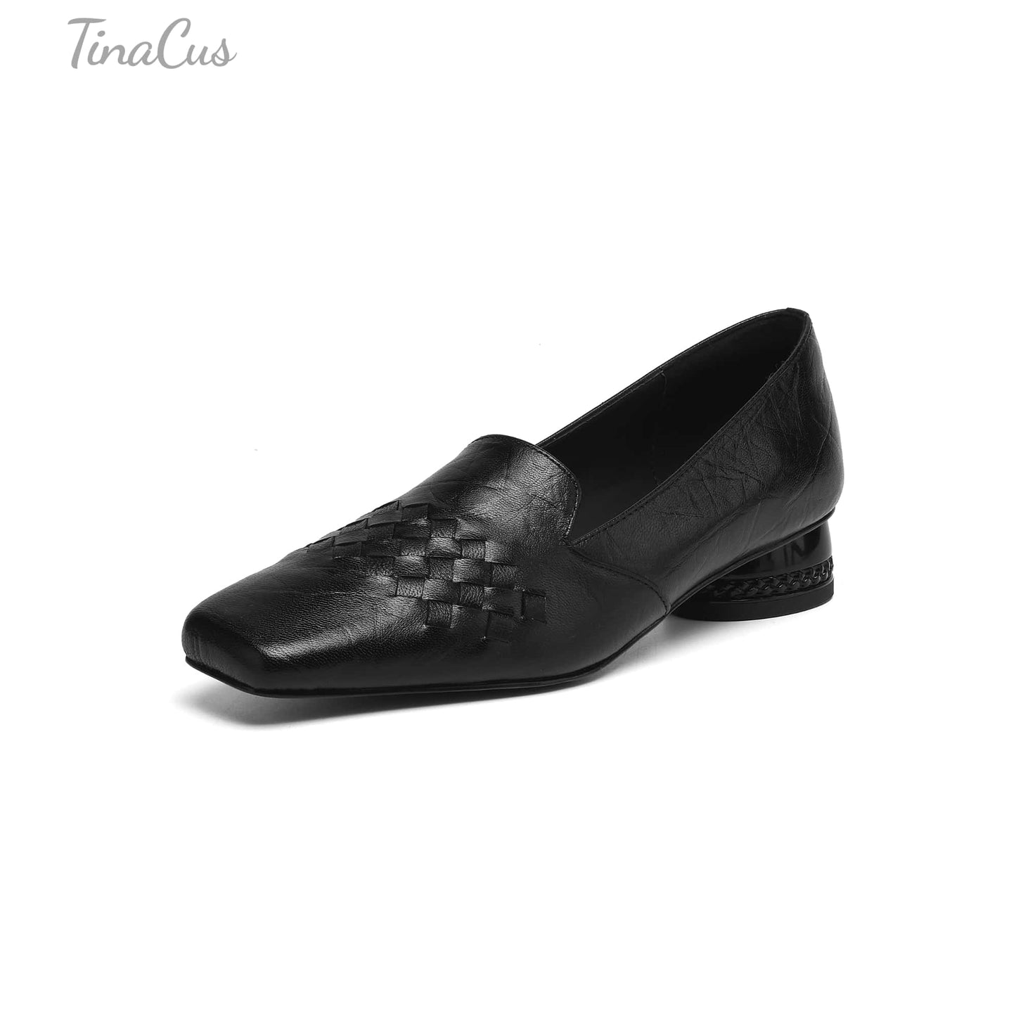 TinaCus Handmade Women's Genuine Leather Square Toe Woven Chunky Heel Slip-On Office Loafer Shoes