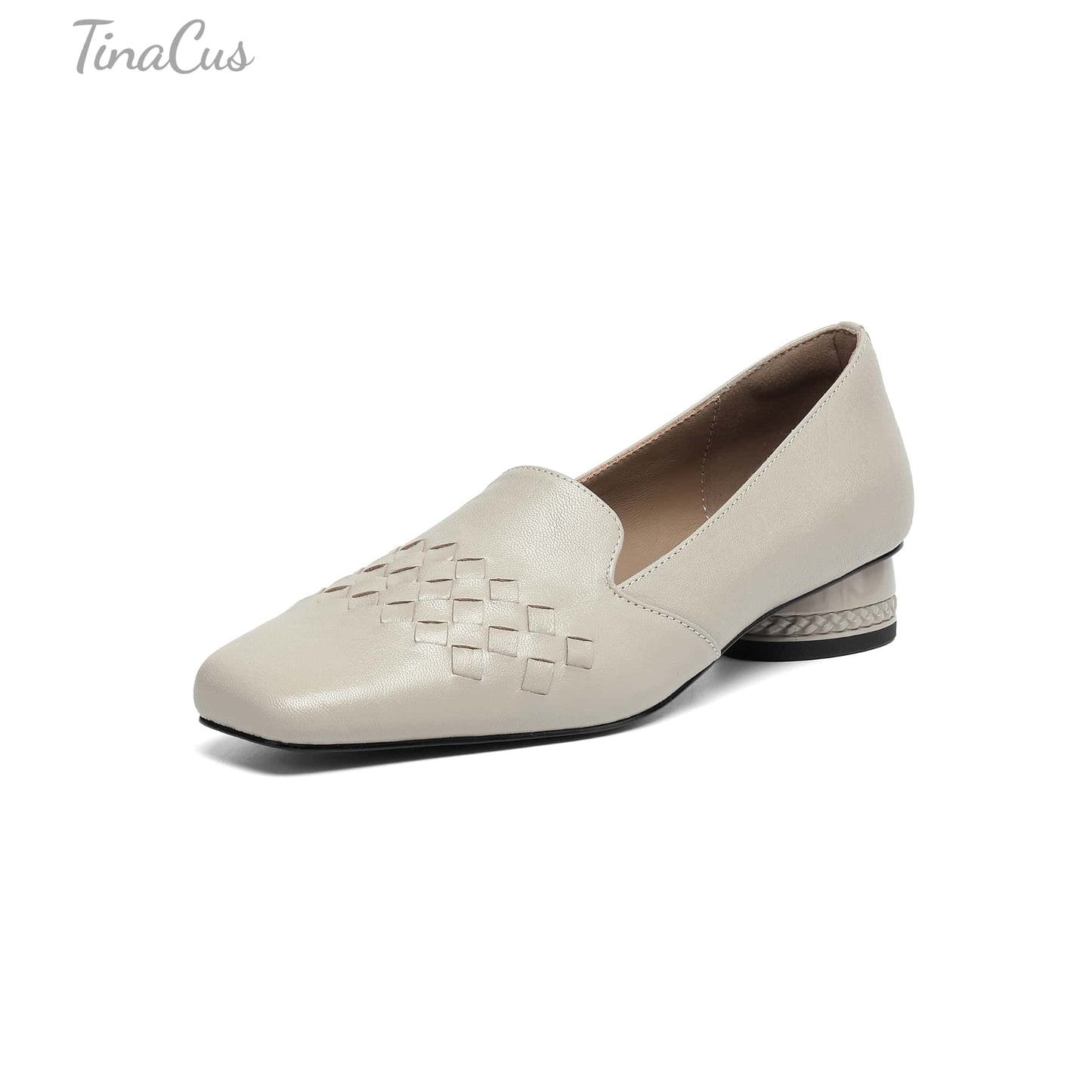 TinaCus Handmade Women's Genuine Leather Square Toe Woven Chunky Heel Slip-On Office Loafer Shoes