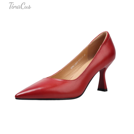 TinaCus Genuine Leather Women's Pumps Handmade Pointed Toe Office Lady Stiletto Heels