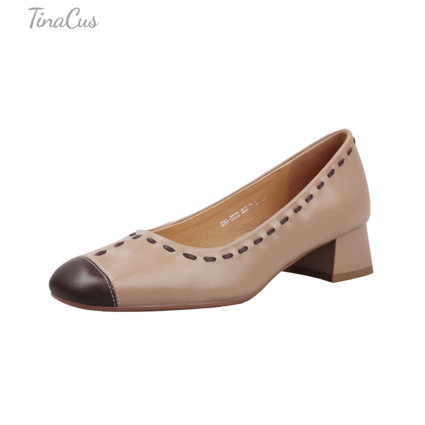 TinaCus Women's Two-Tone Block Heel Pumps Round Toe Slip-On Comfortable Work Dress Shoes with Stitches