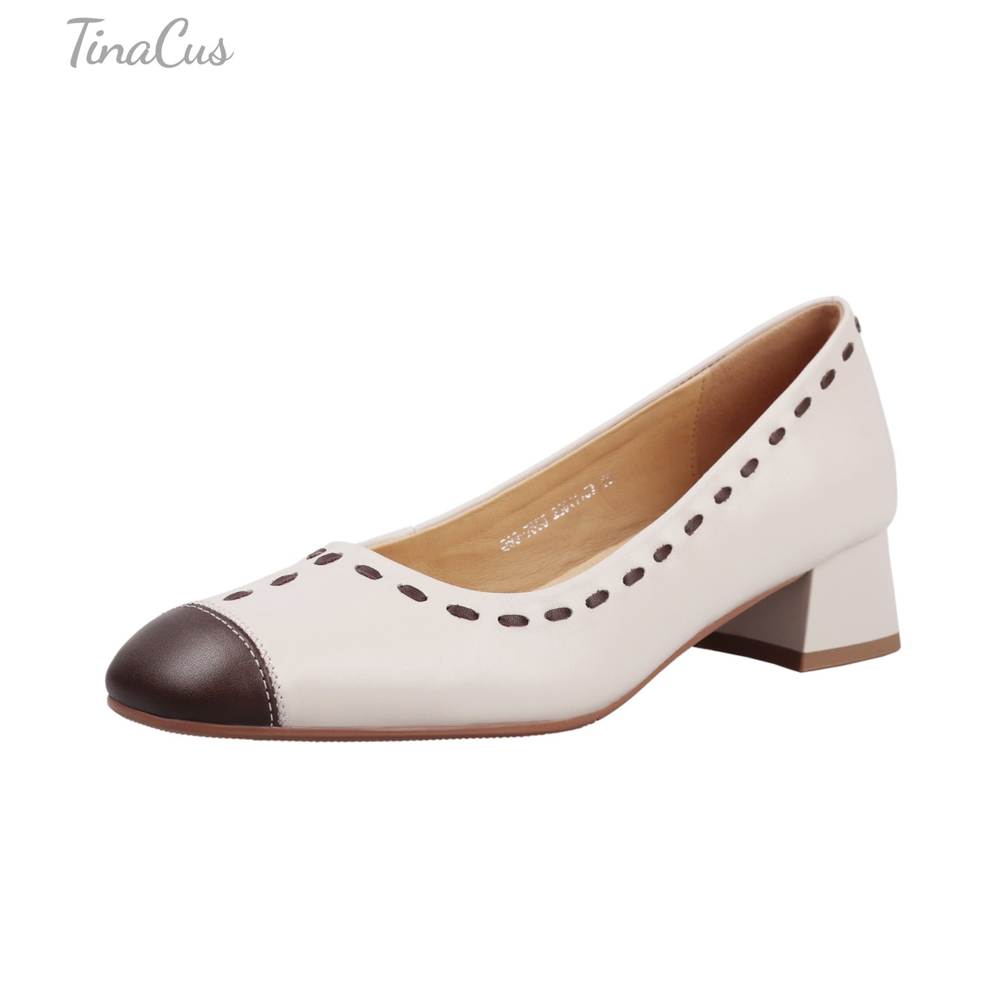 TinaCus Women's Two-Tone Block Heel Pumps Round Toe Slip-On Comfortable Work Dress Shoes with Stitches