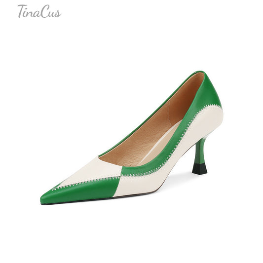 TinaCus Women's Pointed Toe Multicolor Genuine Leather Handmade Stiletto Mid Heel Trendy Pumps Shoes