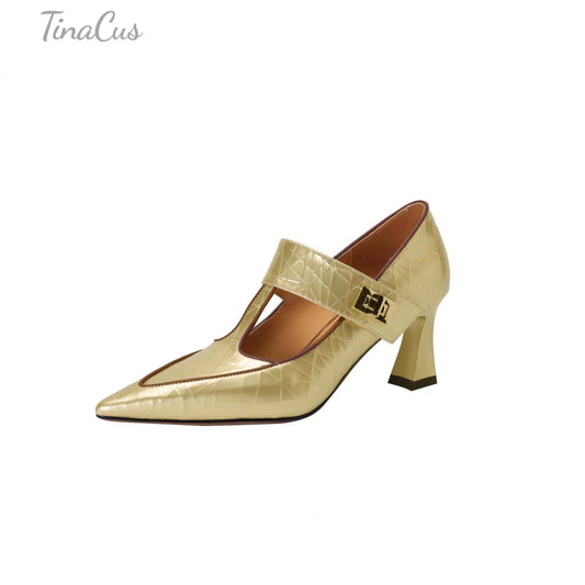 TinaCus Women's Genuine Leather Pointed Toe Crackled Printing Handmade Mary Jane Pumps