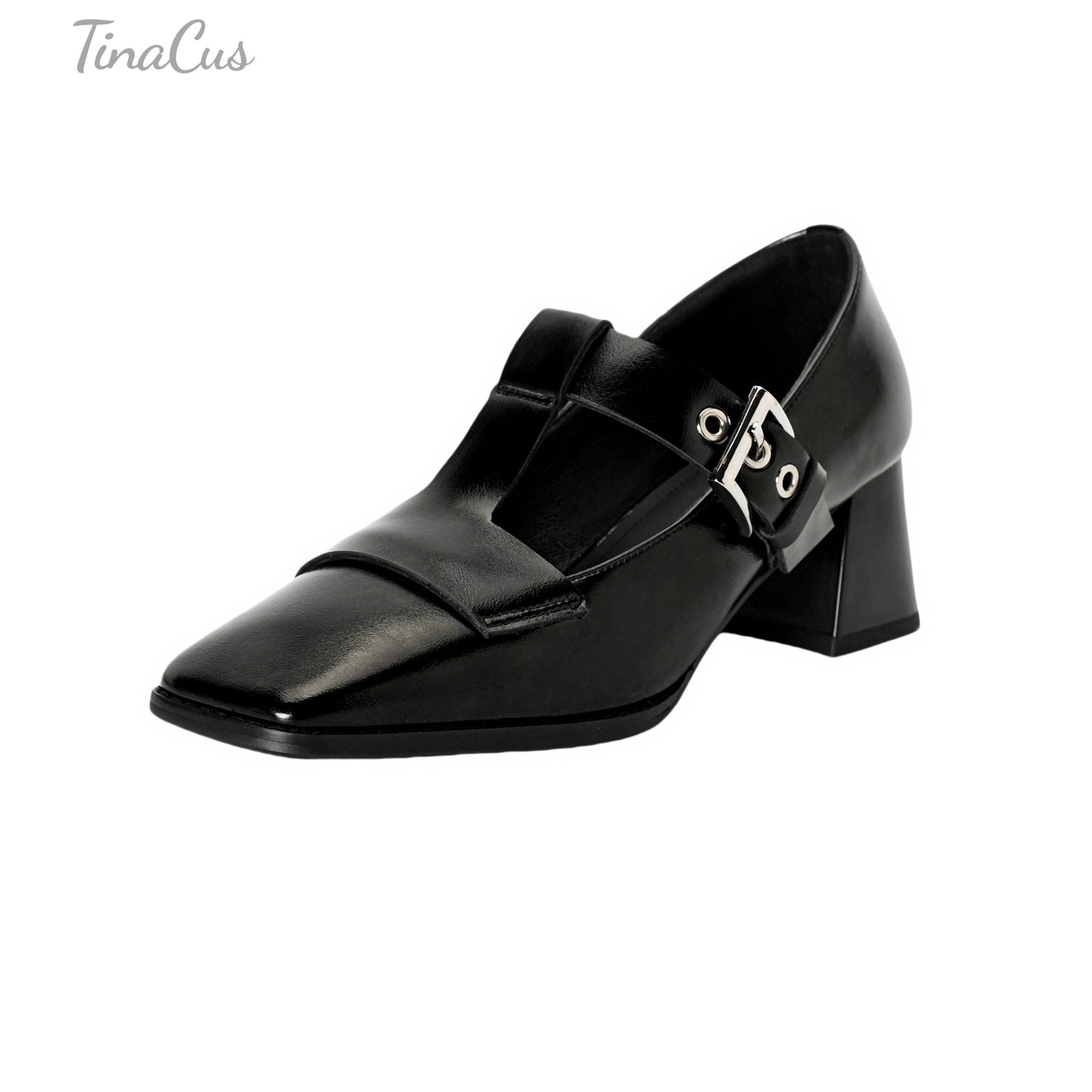 TinaCus Genuine Leather Women's Square Toe Handmade Strap Buckle Mid Chunky Heels Stylish Mary Jane Shoes