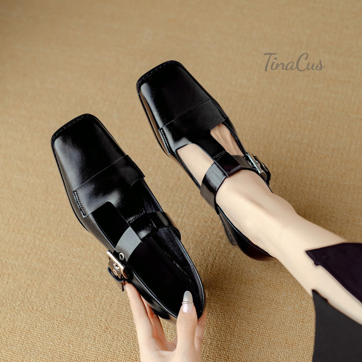 TinaCus Genuine Leather Women's Square Toe Handmade Strap Buckle Mid Chunky Heels Stylish Mary Jane Shoes