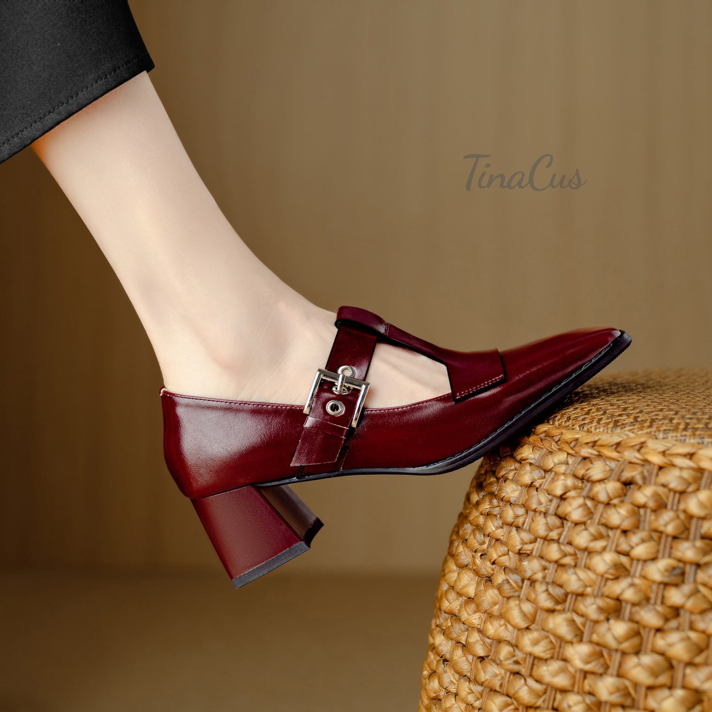 TinaCus Genuine Leather Women's Square Toe Handmade Strap Buckle Mid Chunky Heels Stylish Mary Jane Shoes