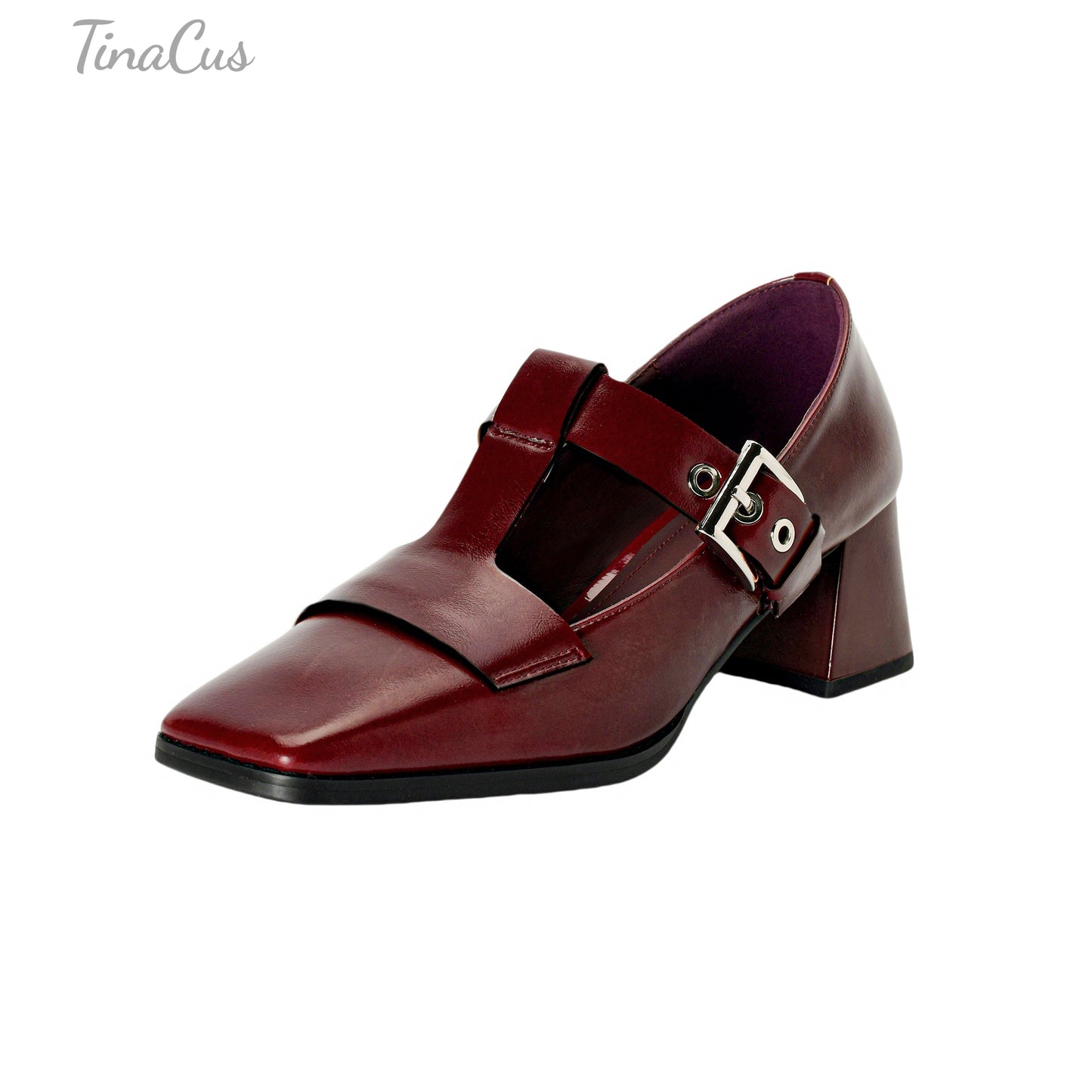 TinaCus Genuine Leather Women's Square Toe Handmade Strap Buckle Mid Chunky Heels Stylish Mary Jane Shoes