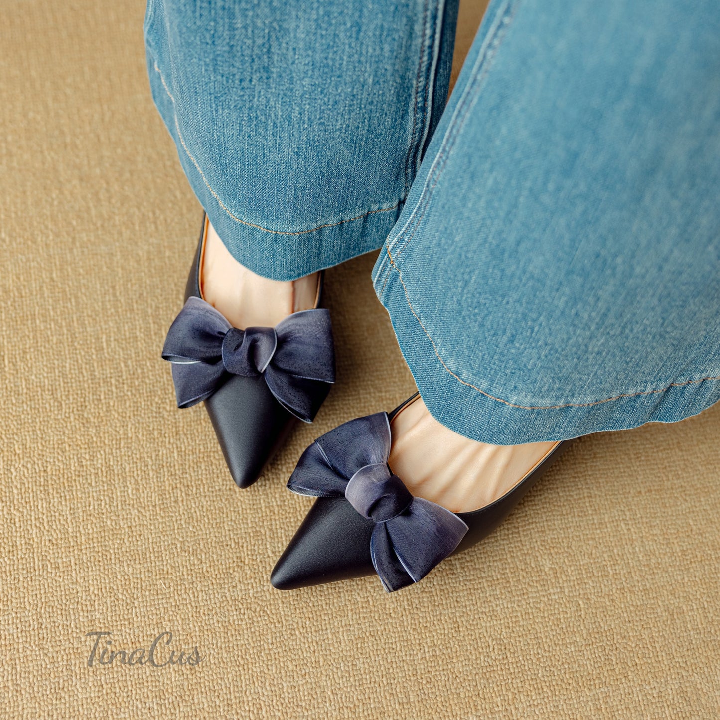 TinaCus Women's Pointed Toe Cute Bowknot Genuine Leather Stiletto Mid Heels Handmade Pumps Shoes