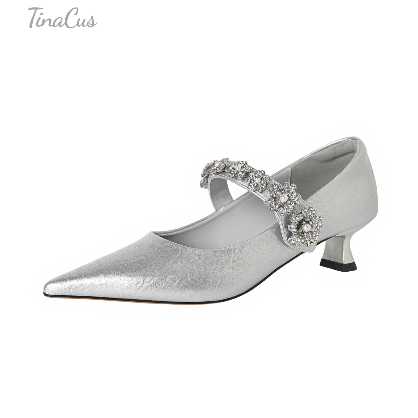 TinaCus Women's Pointed Toe Genuine Leather Handmade Crystal Flowers Low Heels Pumps Shoes