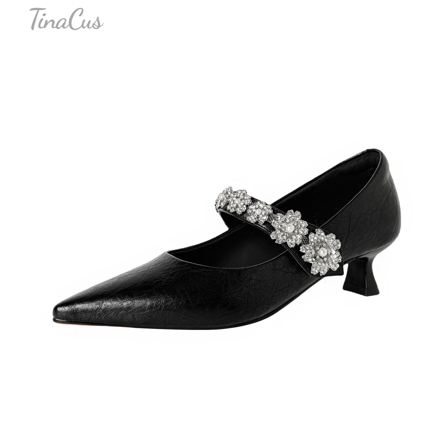 TinaCus Women's Pointed Toe Genuine Leather Handmade Crystal Flowers Low Heels Pumps Shoes