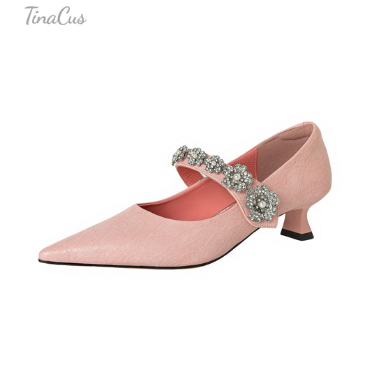 TinaCus Women's Pointed Toe Genuine Leather Handmade Crystal Flowers Low Heels Pumps Shoes