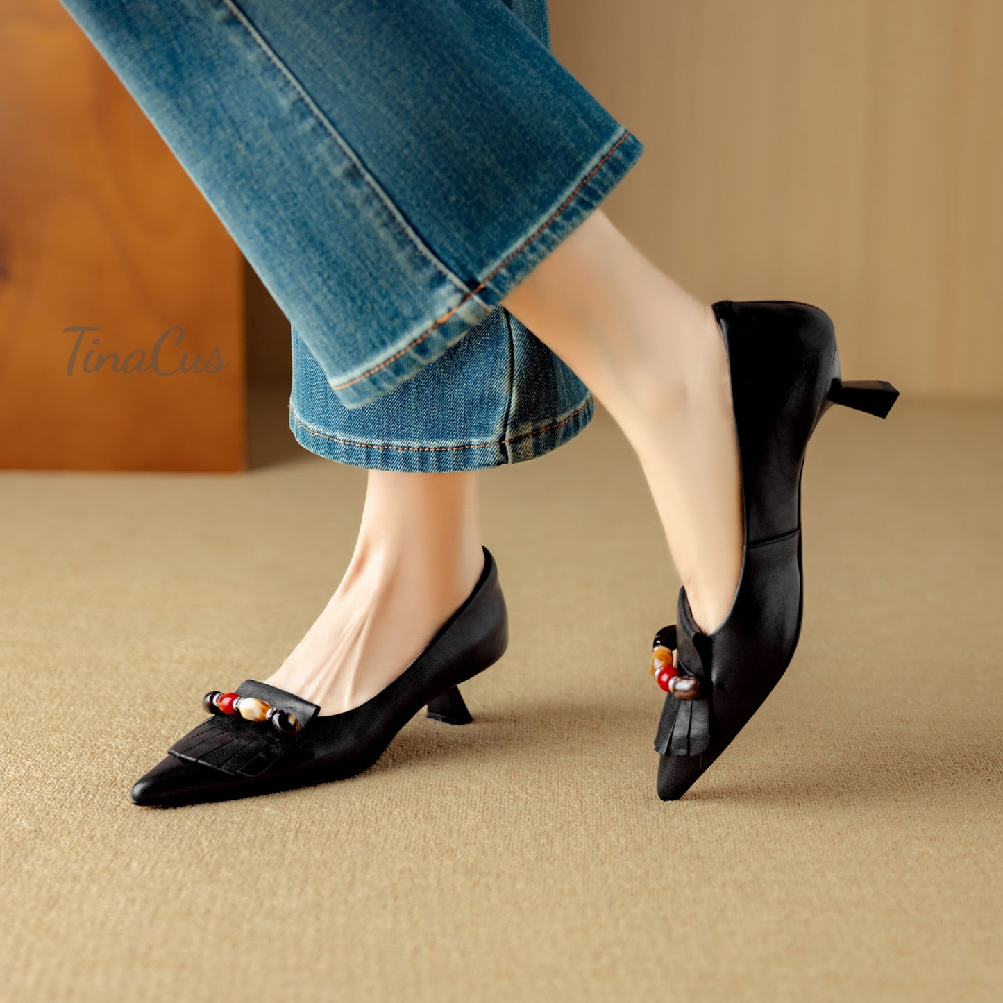 TinaCus Women's Pointed Toe Genuine Leather Handmade Low Heels Slip on Chic Pumps Shoes