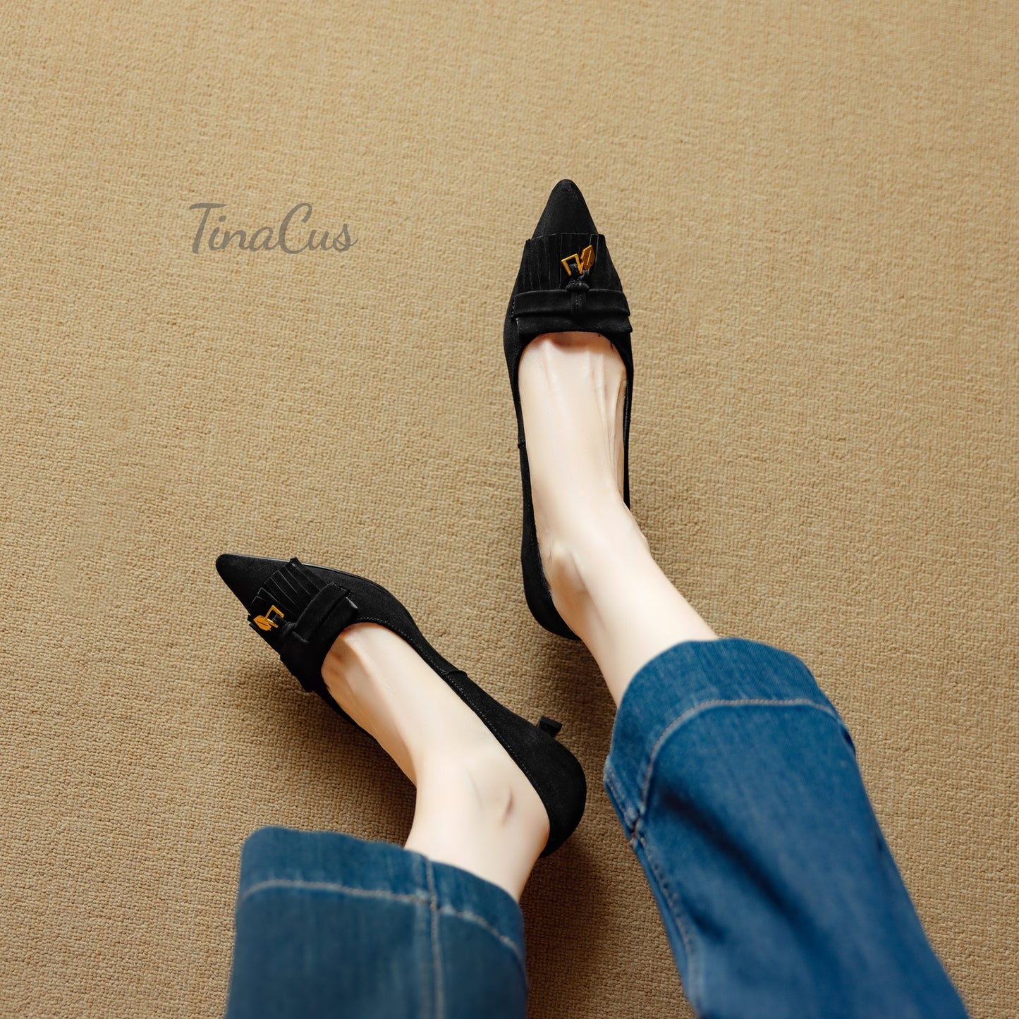 TinaCus Suede Leather Women's Pointed Toe Handmade Tassels Low Heels Pumps Shoes