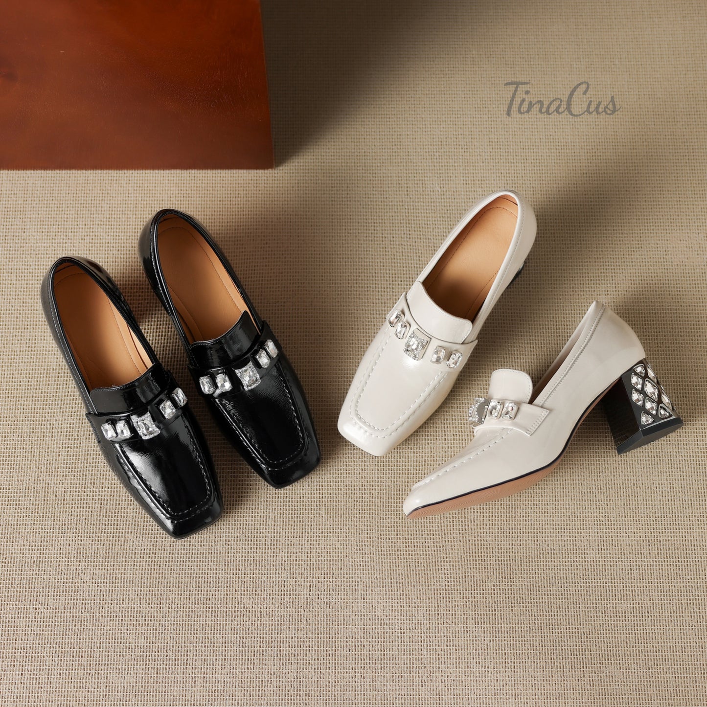 TinaCus Women's Square Toe Slip on Pumps Shoes Patent Leather Handmade Rhinestones Chunky Heels