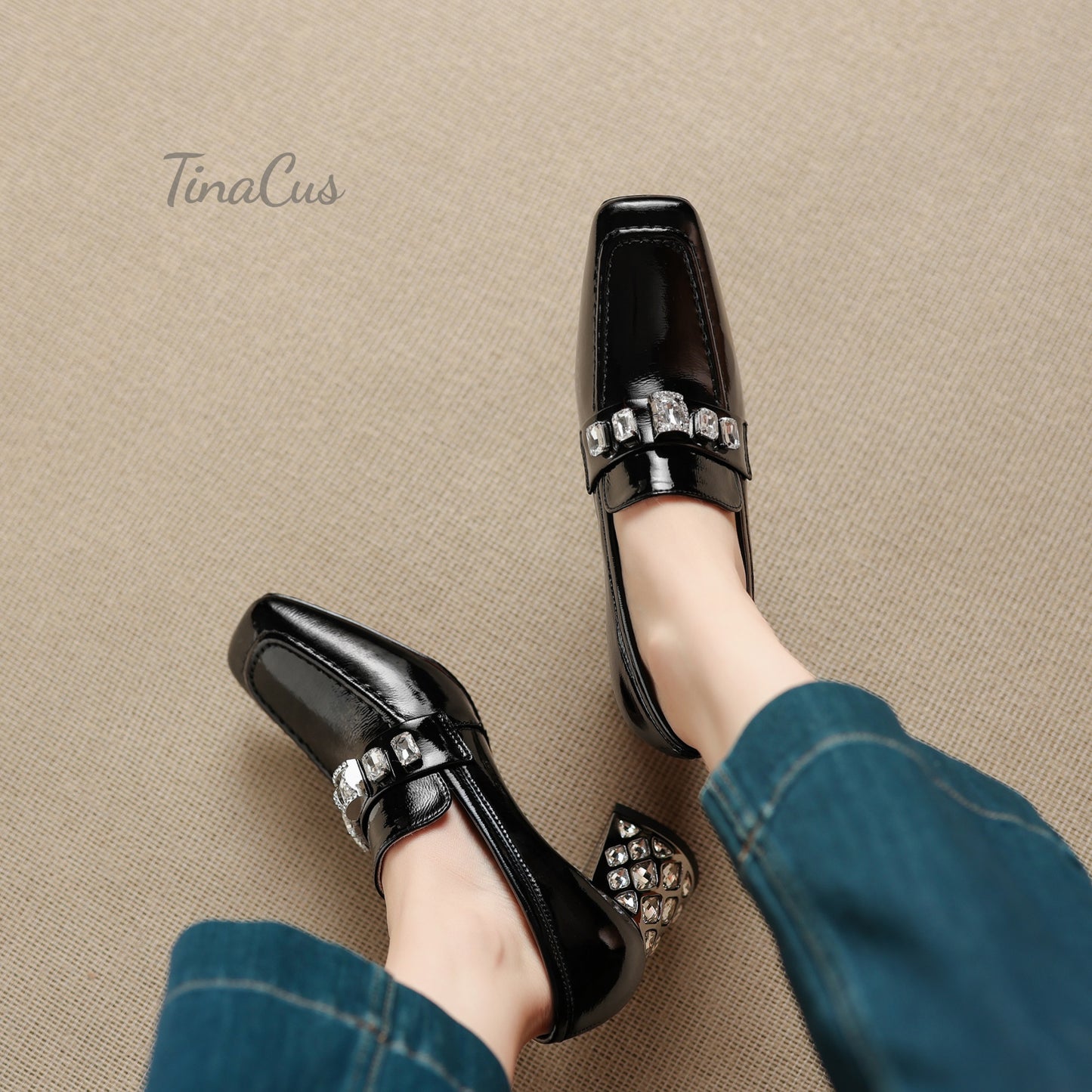 TinaCus Women's Square Toe Slip on Pumps Shoes Patent Leather Handmade Rhinestones Chunky Heels