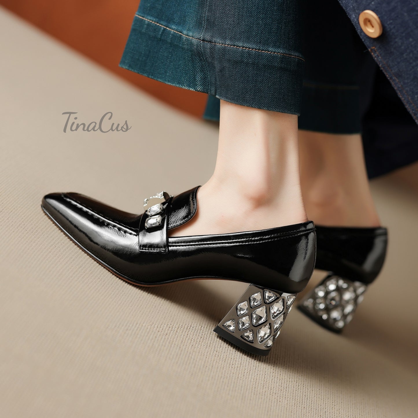 TinaCus Women's Square Toe Slip on Pumps Shoes Patent Leather Handmade Rhinestones Chunky Heels