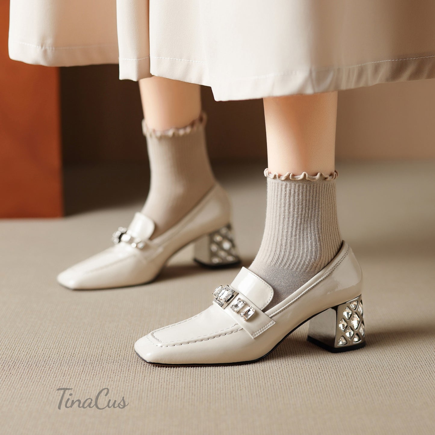 TinaCus Women's Square Toe Slip on Pumps Shoes Patent Leather Handmade Rhinestones Chunky Heels