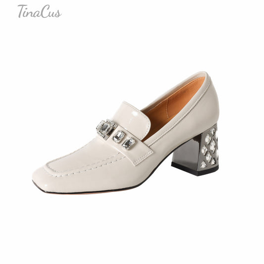 TinaCus Women's Square Toe Slip on Pumps Shoes Patent Leather Handmade Rhinestones Chunky Heels